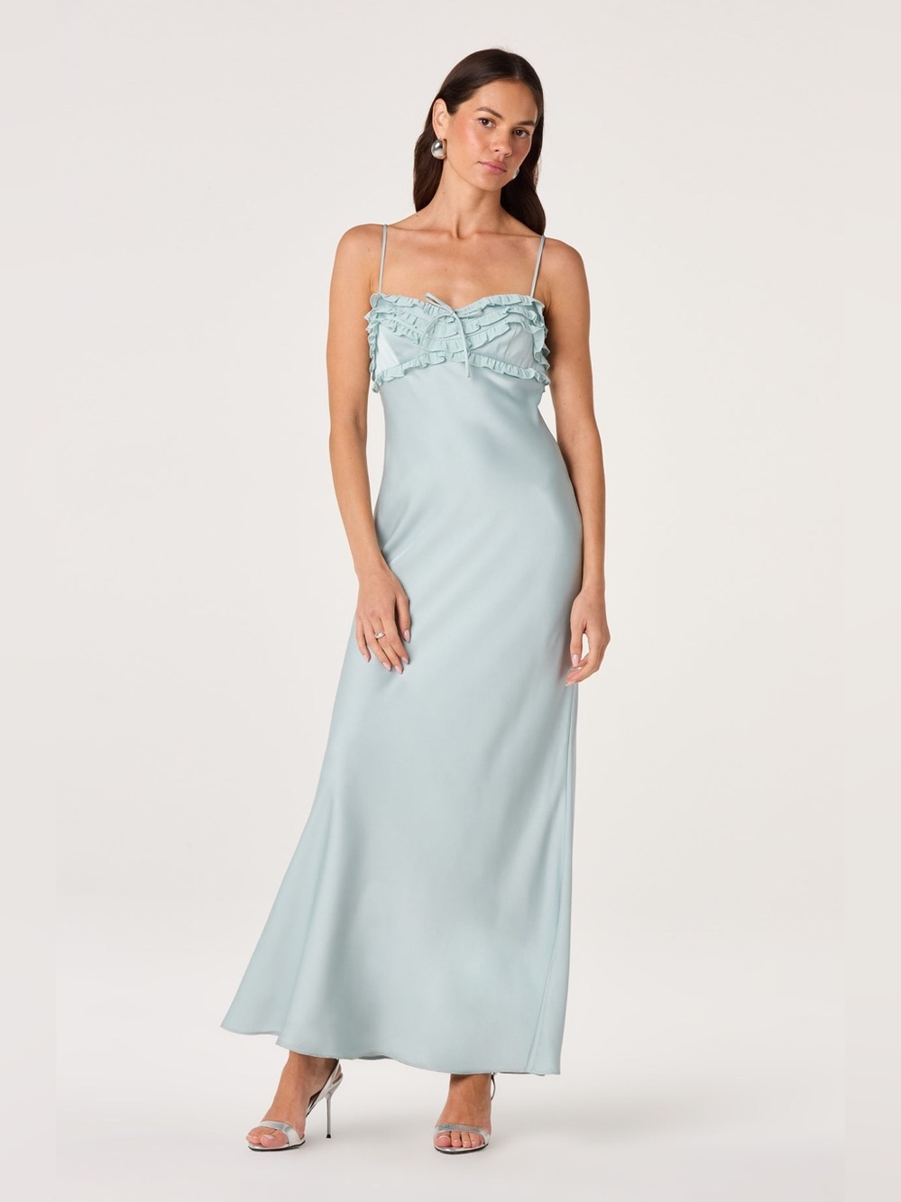 ASTR The Label Jade Ruffle Satin Maxi Dress Seafoam Green M NWT